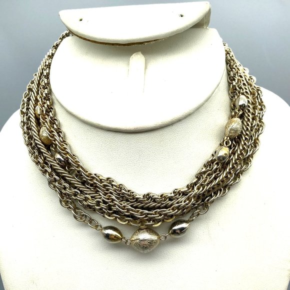 Eclectic Vintage Multi Strand Chain Choker, Messy Mix of Beads and Links, Retro - Picture 1 of 4